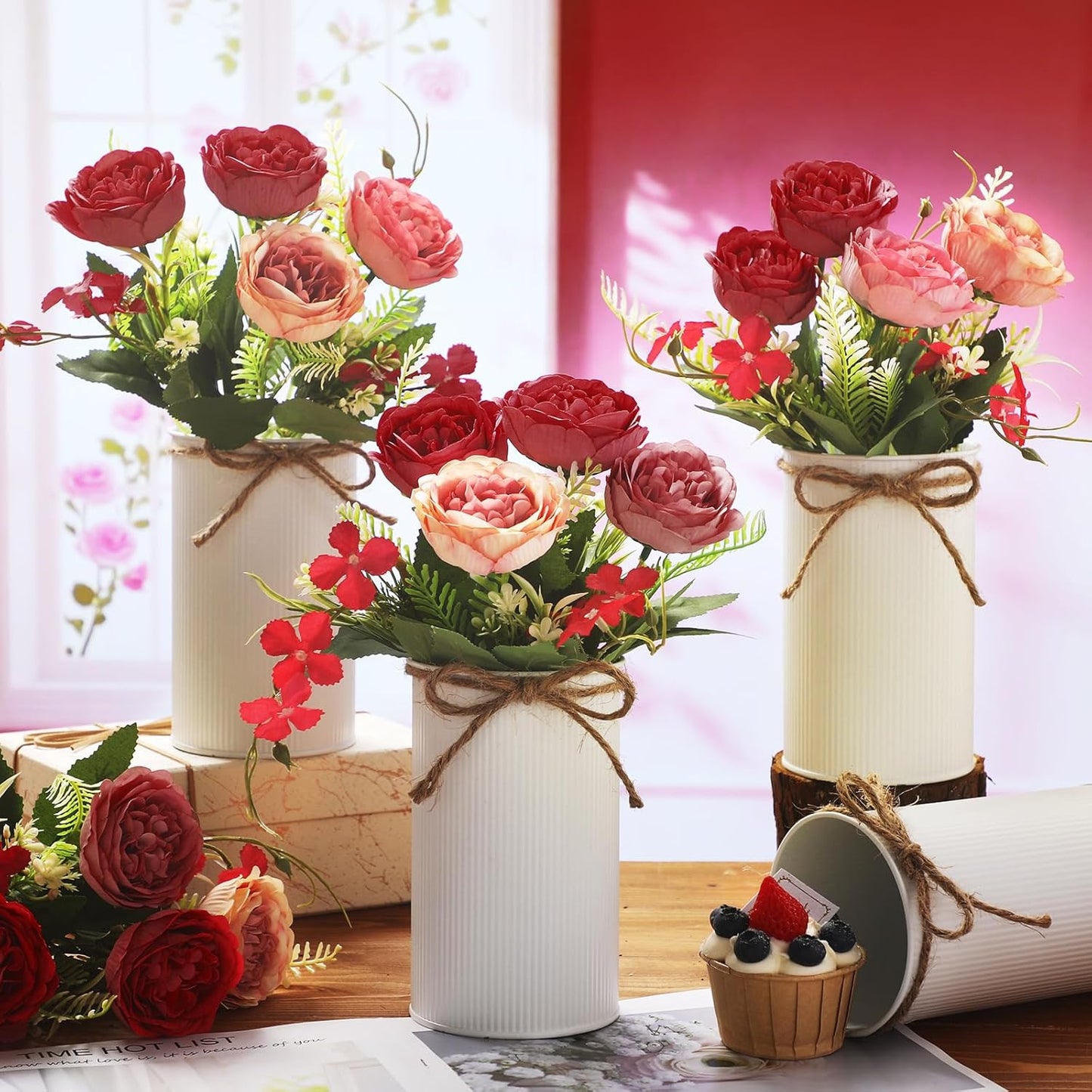 6 Sets Wedding Centerpiece for Table Decoration Yellow Artificial Fake Rose Flower with Metal Vase Faux Silk Rose Bouquet Floral Arrangement for Bridal Shower Home Dining