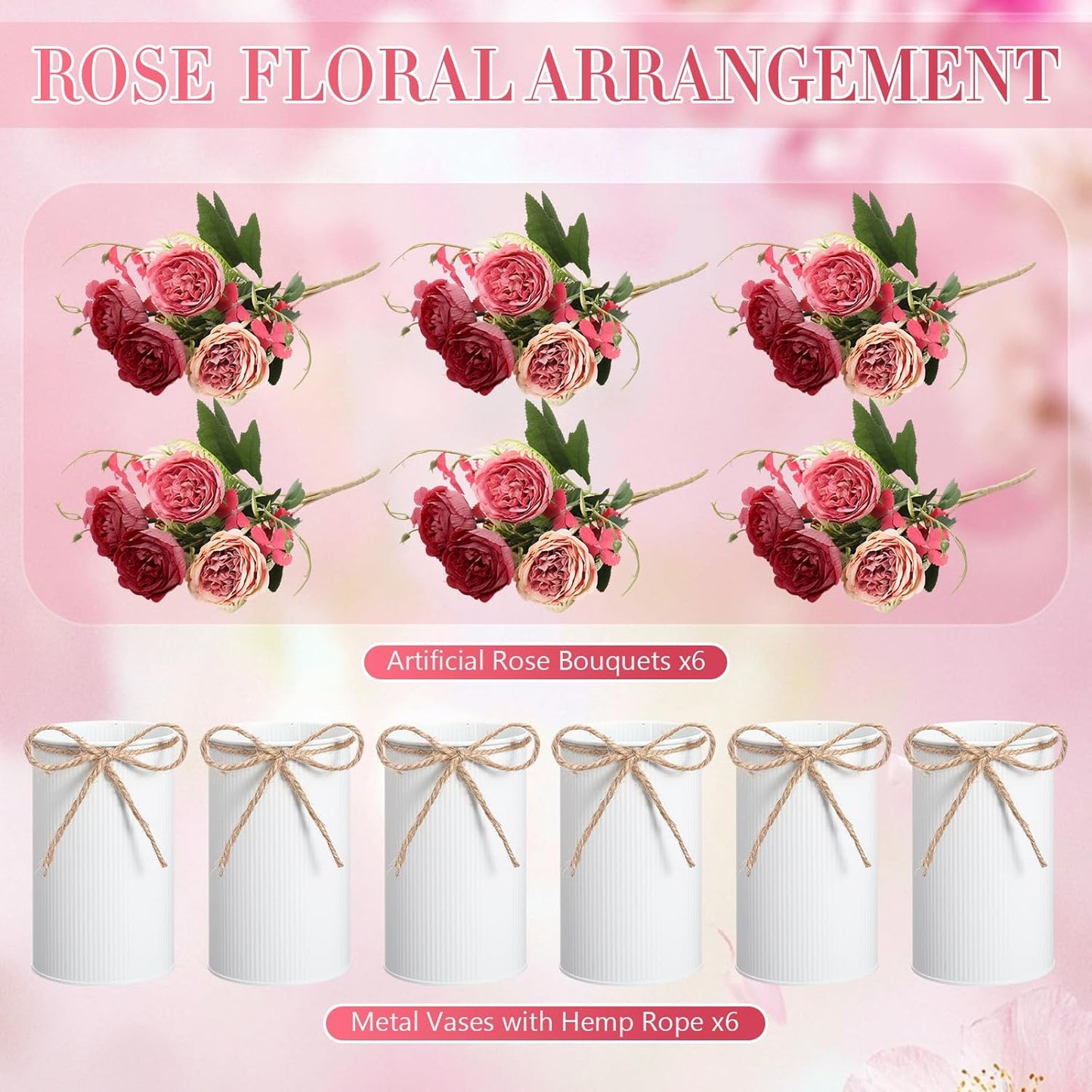 6 Sets Wedding Centerpiece for Table Decoration Yellow Artificial Fake Rose Flower with Metal Vase Faux Silk Rose Bouquet Floral Arrangement for Bridal Shower Home Dining
