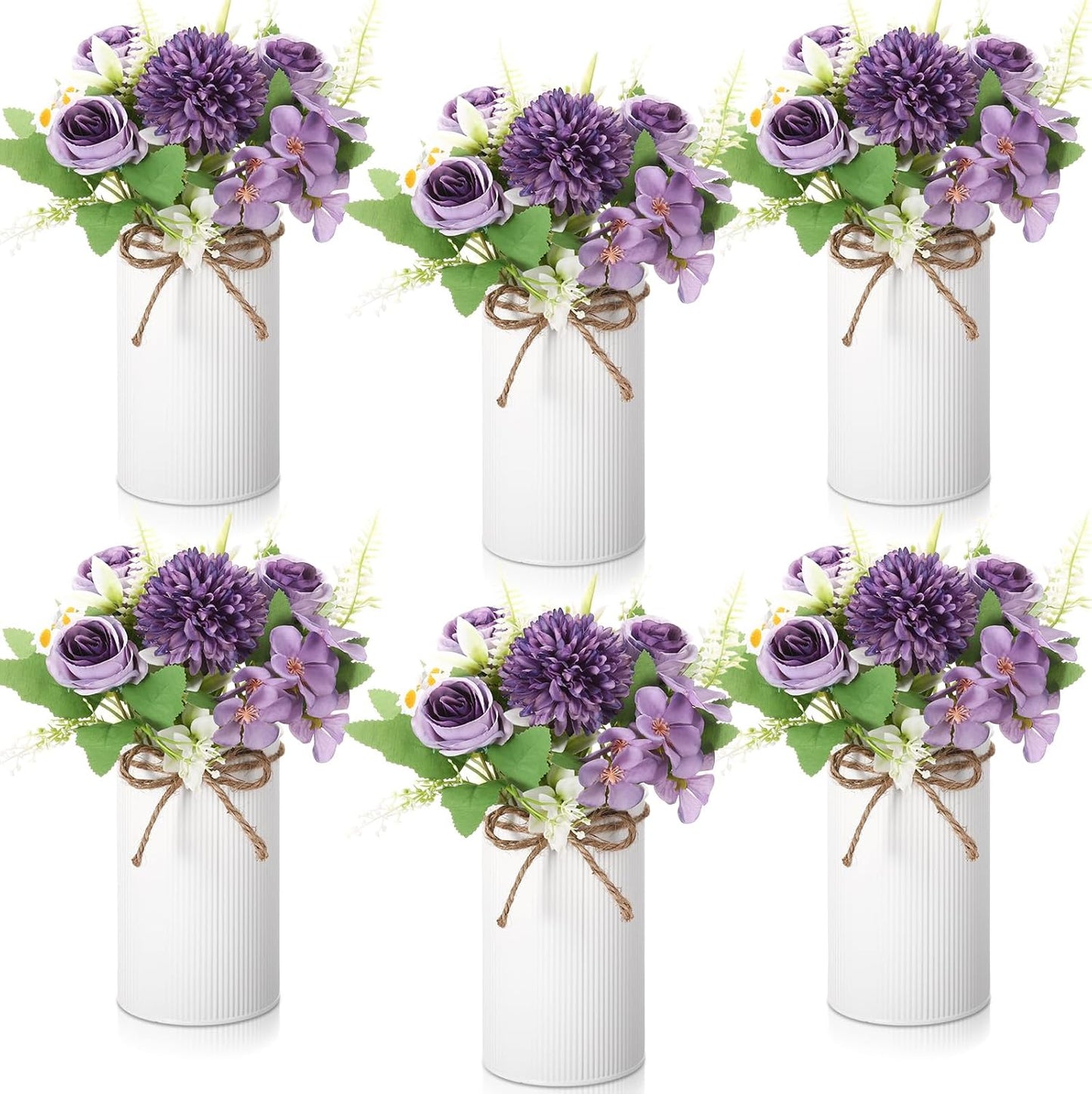6 Sets Wedding Centerpiece for Table Decoration Yellow Artificial Fake Rose Flower with Metal Vase Faux Silk Rose Bouquet Floral Arrangement for Bridal Shower Home Dining