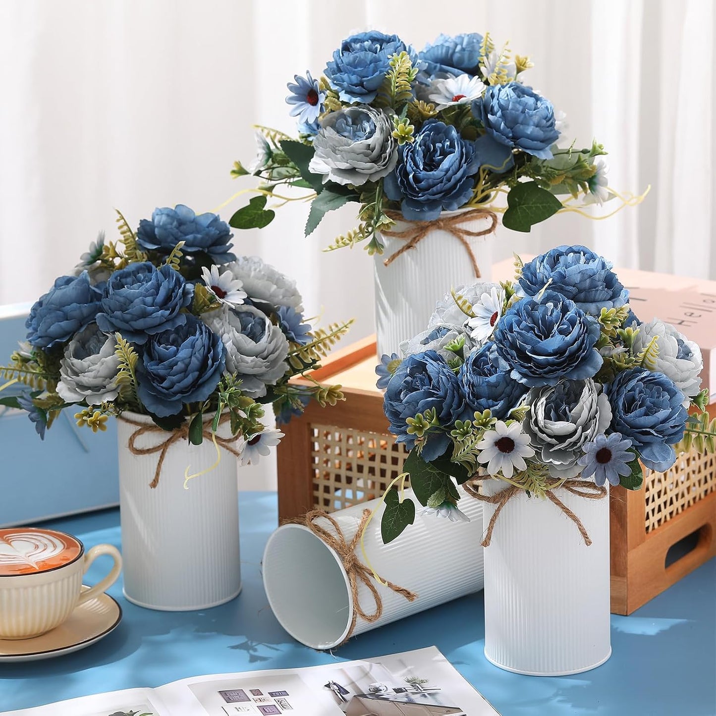 6 Sets Wedding Centerpiece for Table Decoration Yellow Artificial Fake Rose Flower with Metal Vase Faux Silk Rose Bouquet Floral Arrangement for Bridal Shower Home Dining