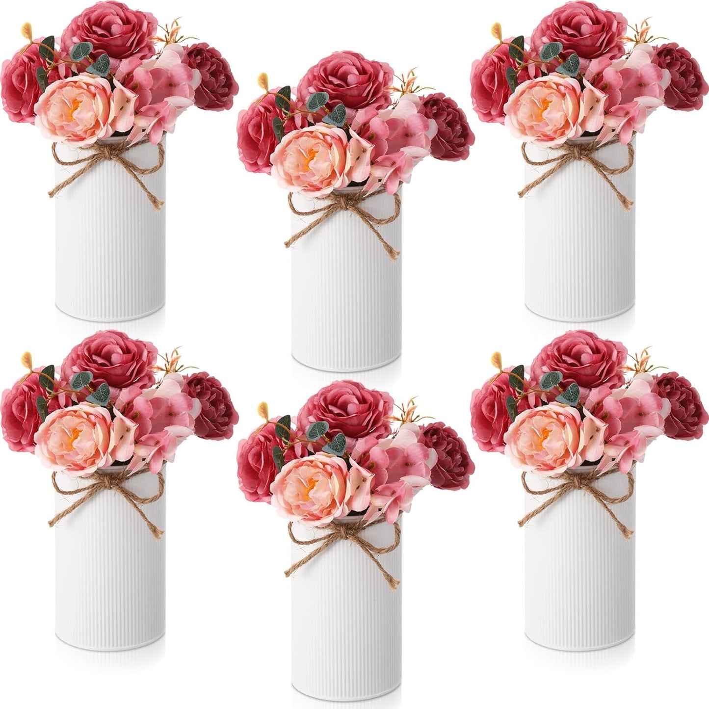6 Sets Wedding Centerpiece for Table Decoration Yellow Artificial Fake Rose Flower with Metal Vase Faux Silk Rose Bouquet Floral Arrangement for Bridal Shower Home Dining