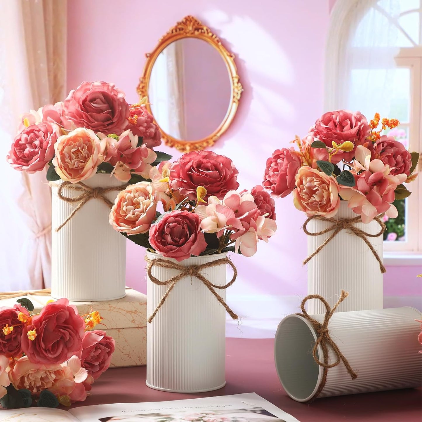 6 Sets Wedding Centerpiece for Table Decoration Yellow Artificial Fake Rose Flower with Metal Vase Faux Silk Rose Bouquet Floral Arrangement for Bridal Shower Home Dining