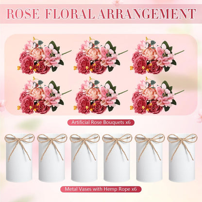 6 Sets Wedding Centerpiece for Table Decoration Yellow Artificial Fake Rose Flower with Metal Vase Faux Silk Rose Bouquet Floral Arrangement for Bridal Shower Home Dining