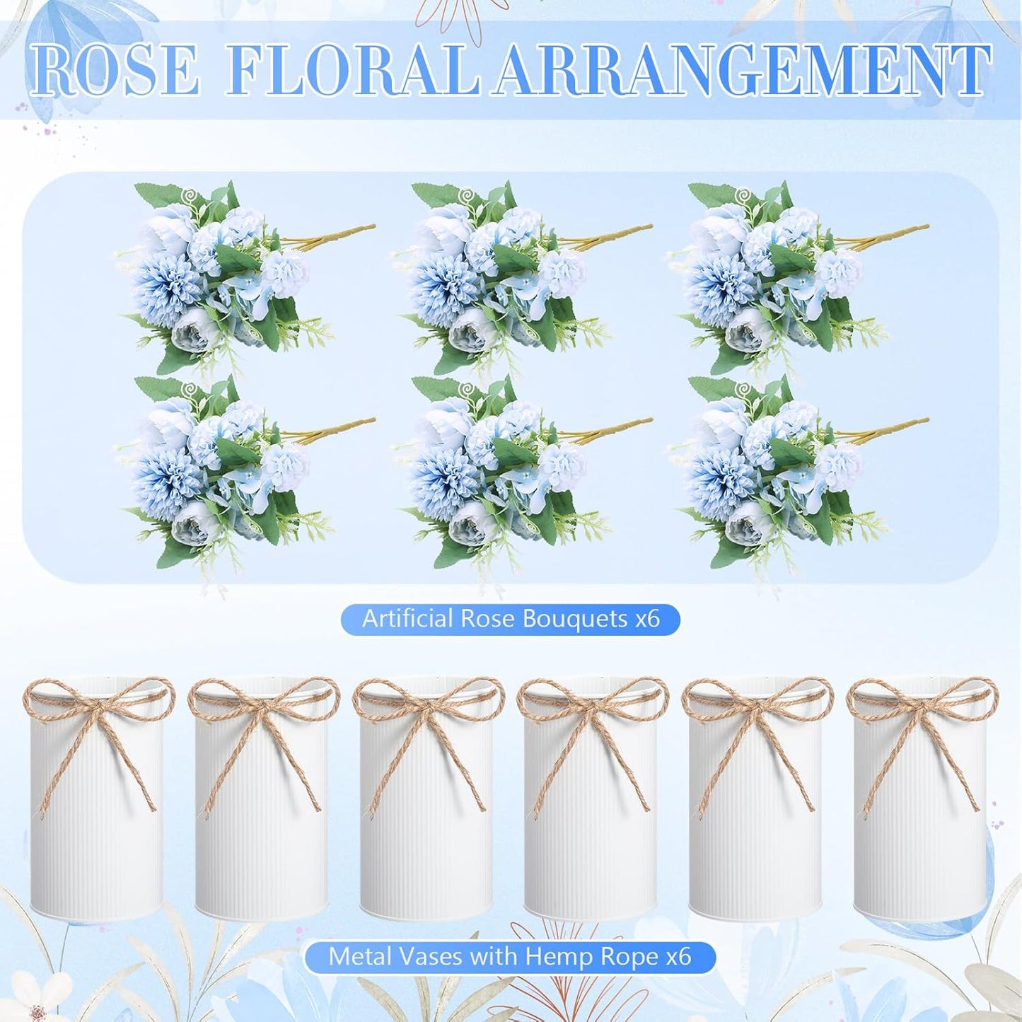 6 Sets Wedding Centerpiece for Table Decoration Yellow Artificial Fake Rose Flower with Metal Vase Faux Silk Rose Bouquet Floral Arrangement for Bridal Shower Home Dining