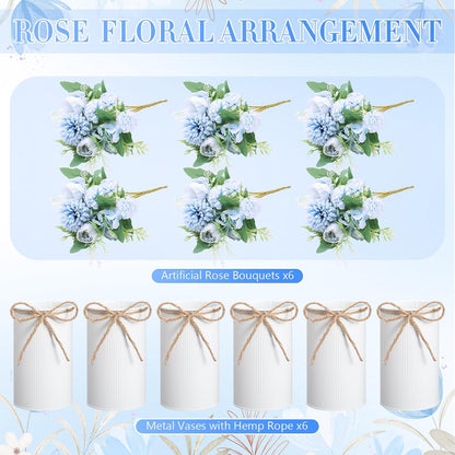6 Sets Wedding Centerpiece for Table Decoration Yellow Artificial Fake Rose Flower with Metal Vase Faux Silk Rose Bouquet Floral Arrangement for Bridal Shower Home Dining