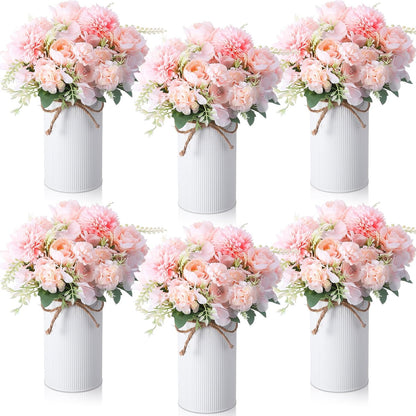 6 Sets Wedding Centerpiece for Table Decoration Yellow Artificial Fake Rose Flower with Metal Vase Faux Silk Rose Bouquet Floral Arrangement for Bridal Shower Home Dining