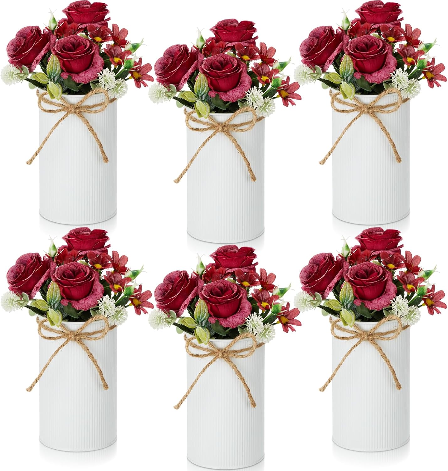 6 Sets Wedding Centerpiece for Table Decoration Yellow Artificial Fake Rose Flower with Metal Vase Faux Silk Rose Bouquet Floral Arrangement for Bridal Shower Home Dining