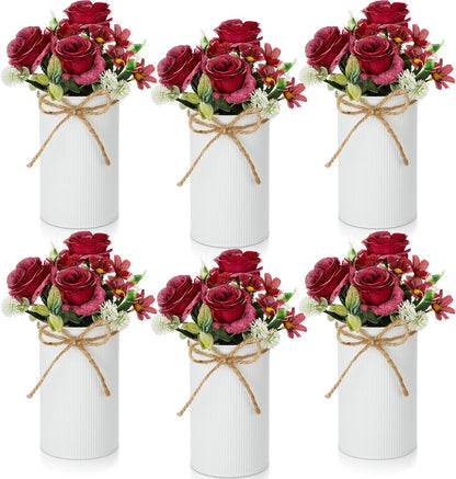 6 Sets Wedding Centerpiece for Table Decoration Yellow Artificial Fake Rose Flower with Metal Vase Faux Silk Rose Bouquet Floral Arrangement for Bridal Shower Home Dining