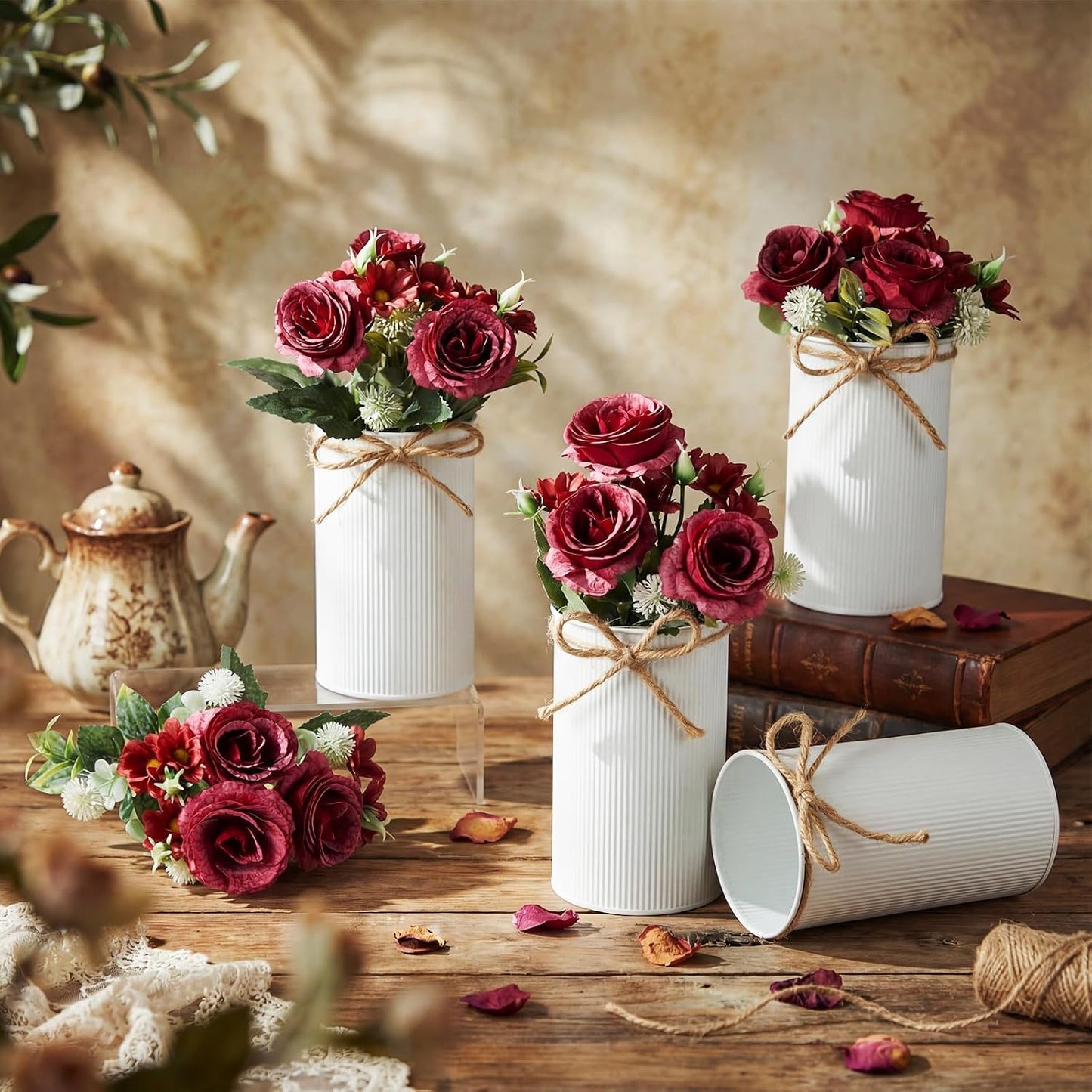6 Sets Wedding Centerpiece for Table Decoration Yellow Artificial Fake Rose Flower with Metal Vase Faux Silk Rose Bouquet Floral Arrangement for Bridal Shower Home Dining