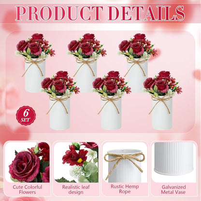 6 Sets Wedding Centerpiece for Table Decoration Yellow Artificial Fake Rose Flower with Metal Vase Faux Silk Rose Bouquet Floral Arrangement for Bridal Shower Home Dining