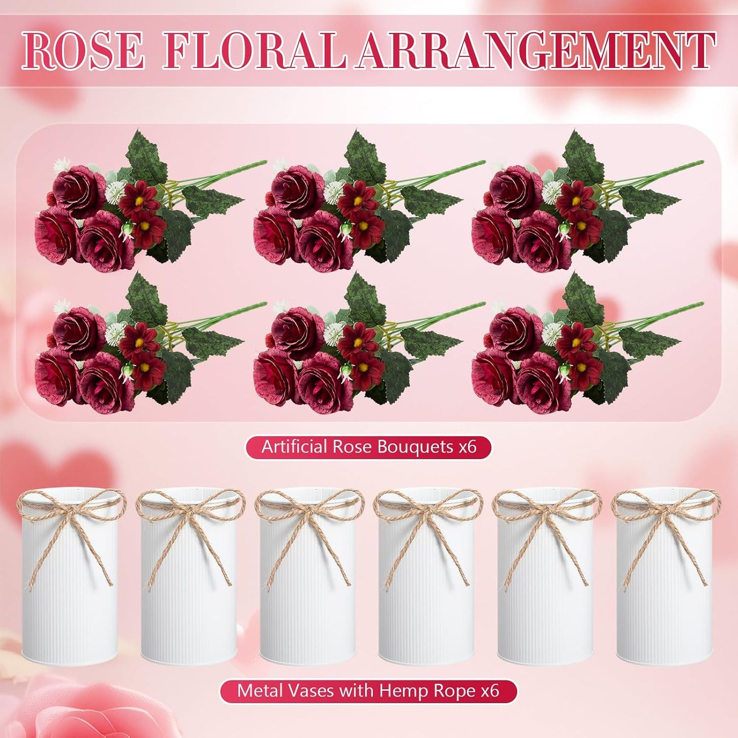 6 Sets Wedding Centerpiece for Table Decoration Yellow Artificial Fake Rose Flower with Metal Vase Faux Silk Rose Bouquet Floral Arrangement for Bridal Shower Home Dining