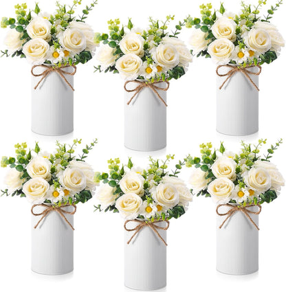 6 Sets Wedding Centerpiece for Table Decoration Yellow Artificial Fake Rose Flower with Metal Vase Faux Silk Rose Bouquet Floral Arrangement for Bridal Shower Home Dining