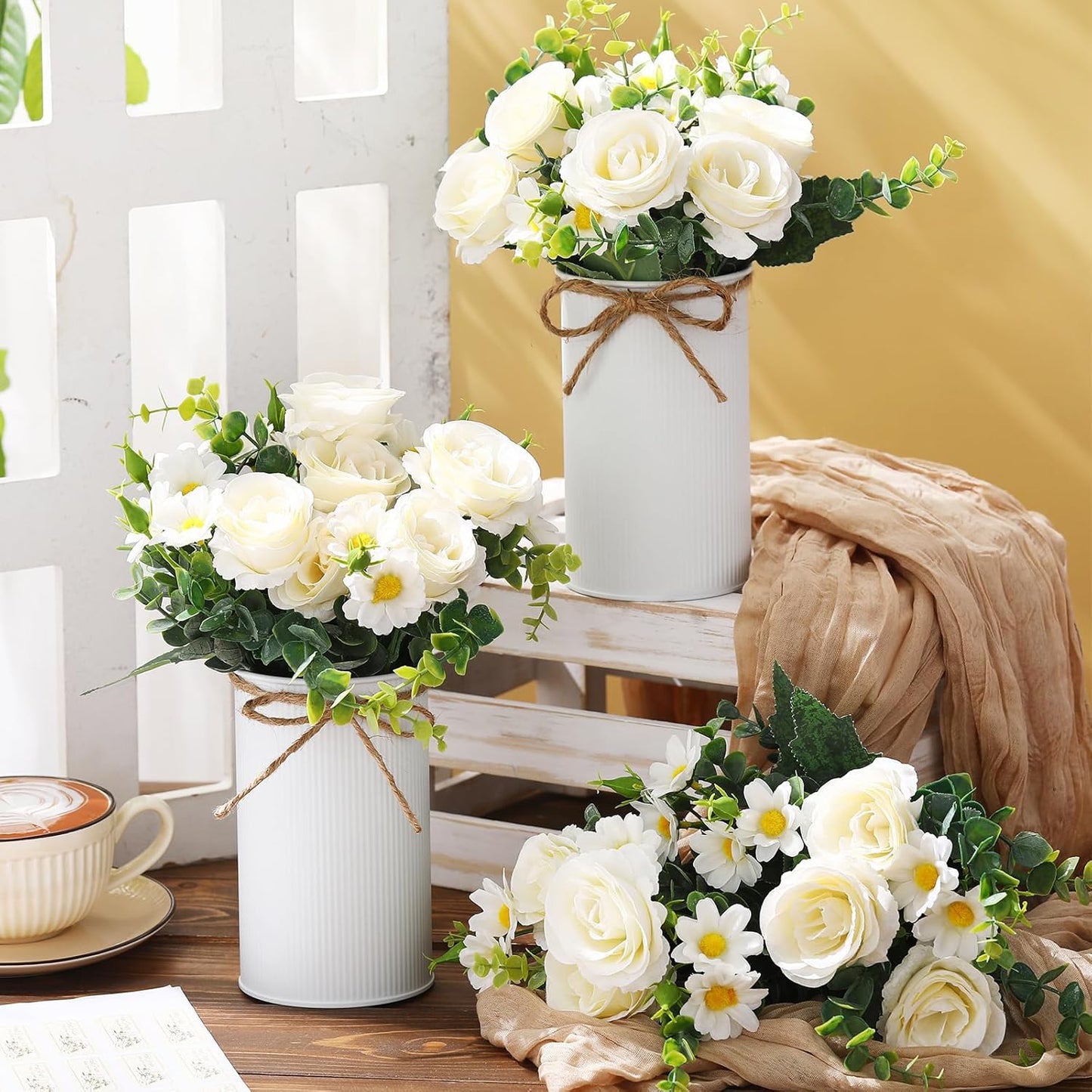 6 Sets Wedding Centerpiece for Table Decoration Yellow Artificial Fake Rose Flower with Metal Vase Faux Silk Rose Bouquet Floral Arrangement for Bridal Shower Home Dining
