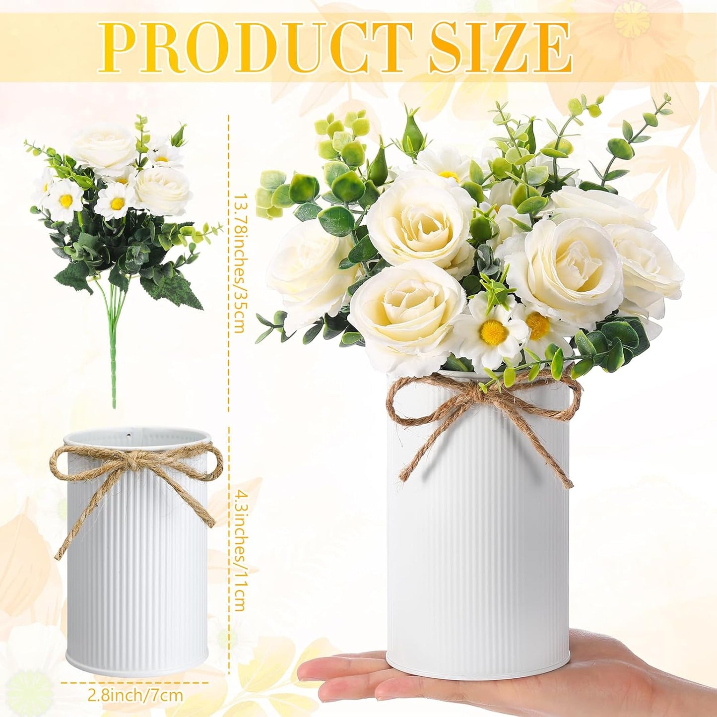 6 Sets Wedding Centerpiece for Table Decoration Yellow Artificial Fake Rose Flower with Metal Vase Faux Silk Rose Bouquet Floral Arrangement for Bridal Shower Home Dining