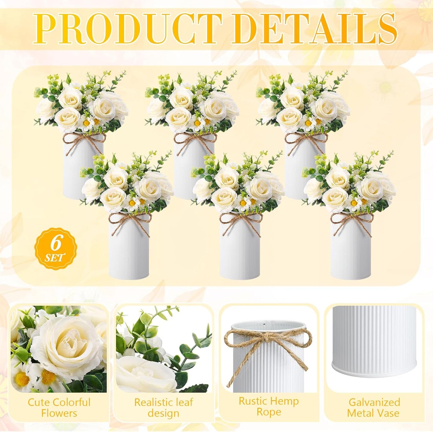 6 Sets Wedding Centerpiece for Table Decoration Yellow Artificial Fake Rose Flower with Metal Vase Faux Silk Rose Bouquet Floral Arrangement for Bridal Shower Home Dining