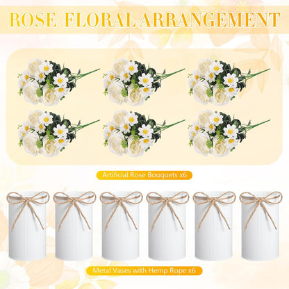 6 Sets Wedding Centerpiece for Table Decoration Yellow Artificial Fake Rose Flower with Metal Vase Faux Silk Rose Bouquet Floral Arrangement for Bridal Shower Home Dining
