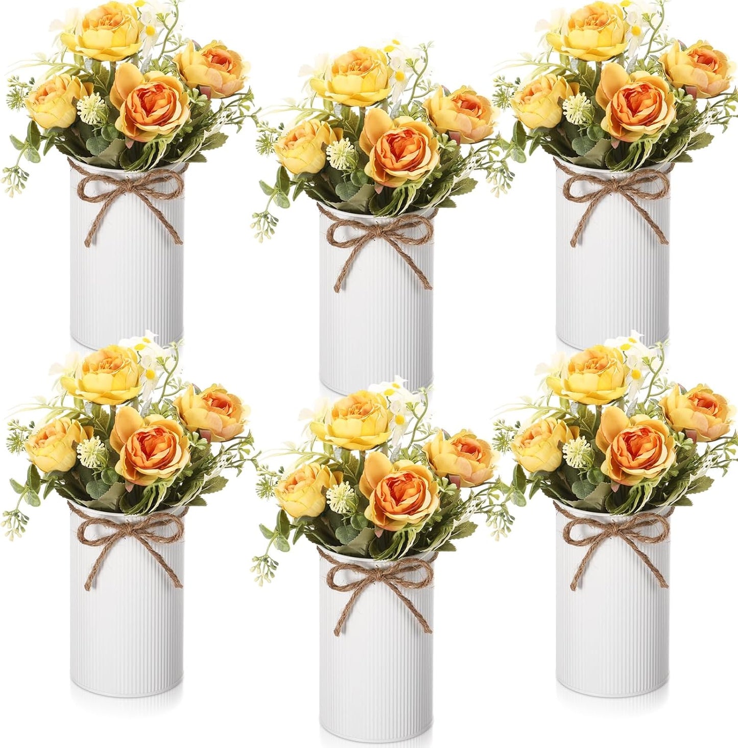 6 Sets Wedding Centerpiece for Table Decoration Yellow Artificial Fake Rose Flower with Metal Vase Faux Silk Rose Bouquet Floral Arrangement for Bridal Shower Home Dining