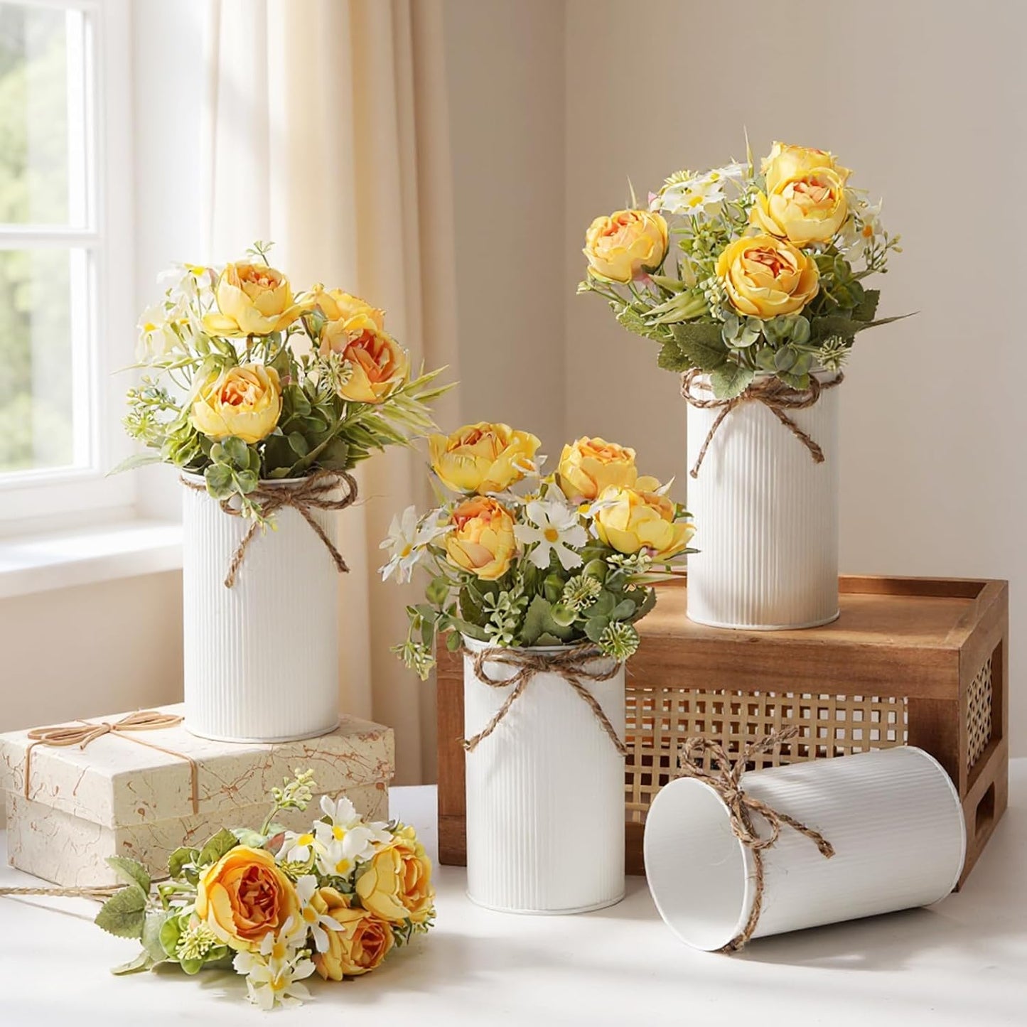 6 Sets Wedding Centerpiece for Table Decoration Yellow Artificial Fake Rose Flower with Metal Vase Faux Silk Rose Bouquet Floral Arrangement for Bridal Shower Home Dining