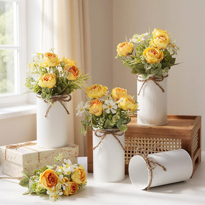 6 Sets Wedding Centerpiece for Table Decoration Yellow Artificial Fake Rose Flower with Metal Vase Faux Silk Rose Bouquet Floral Arrangement for Bridal Shower Home Dining