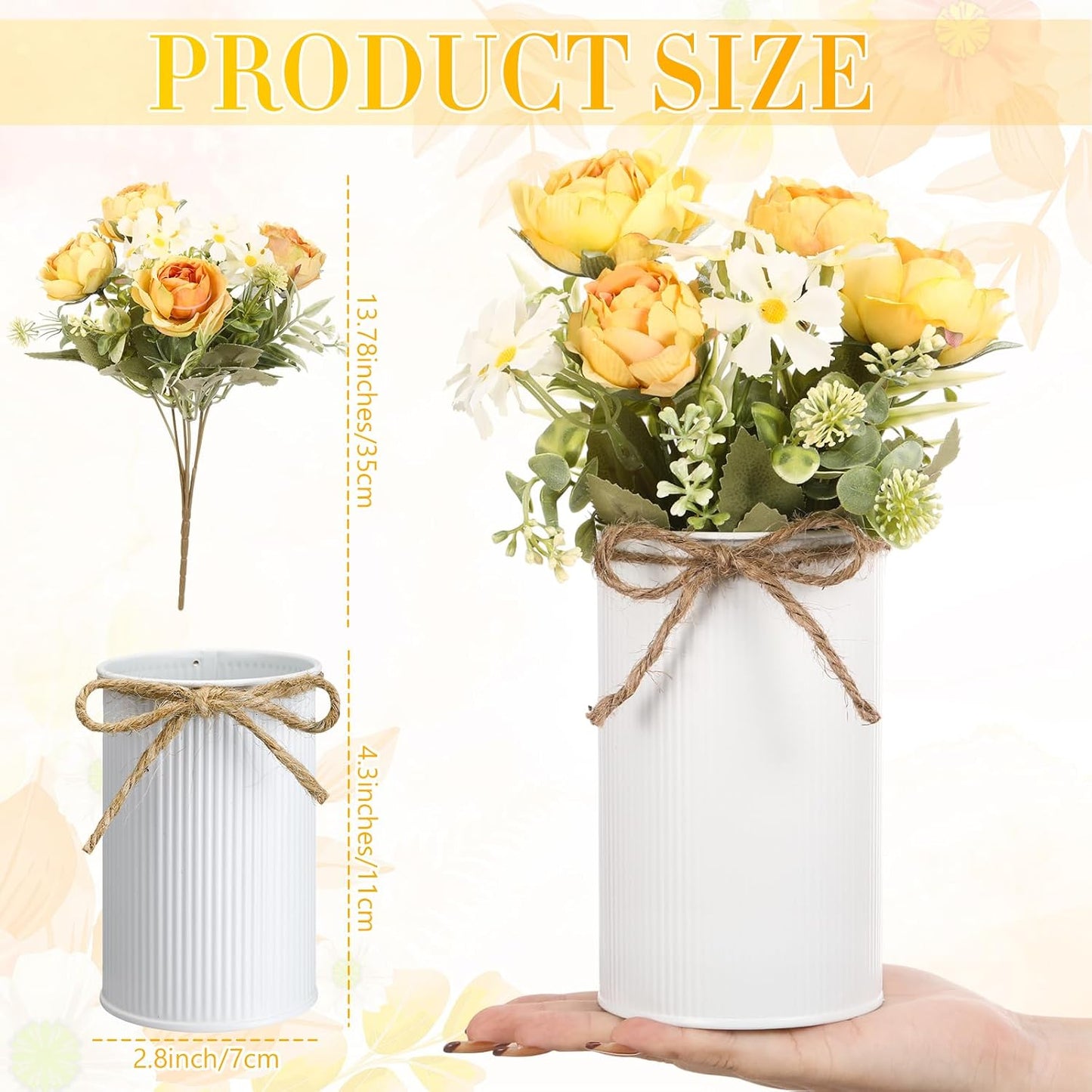 6 Sets Wedding Centerpiece for Table Decoration Yellow Artificial Fake Rose Flower with Metal Vase Faux Silk Rose Bouquet Floral Arrangement for Bridal Shower Home Dining