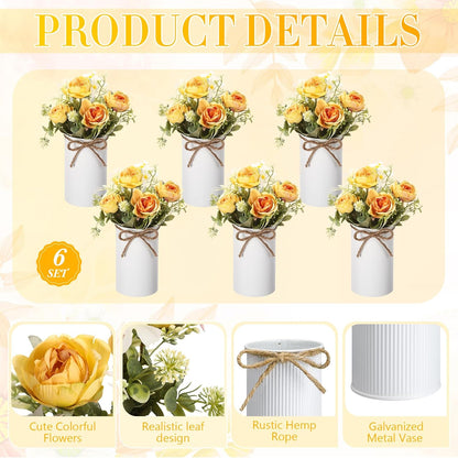6 Sets Wedding Centerpiece for Table Decoration Yellow Artificial Fake Rose Flower with Metal Vase Faux Silk Rose Bouquet Floral Arrangement for Bridal Shower Home Dining