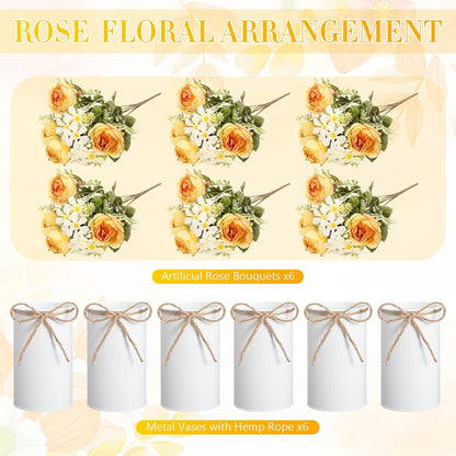 6 Sets Wedding Centerpiece for Table Decoration Yellow Artificial Fake Rose Flower with Metal Vase Faux Silk Rose Bouquet Floral Arrangement for Bridal Shower Home Dining