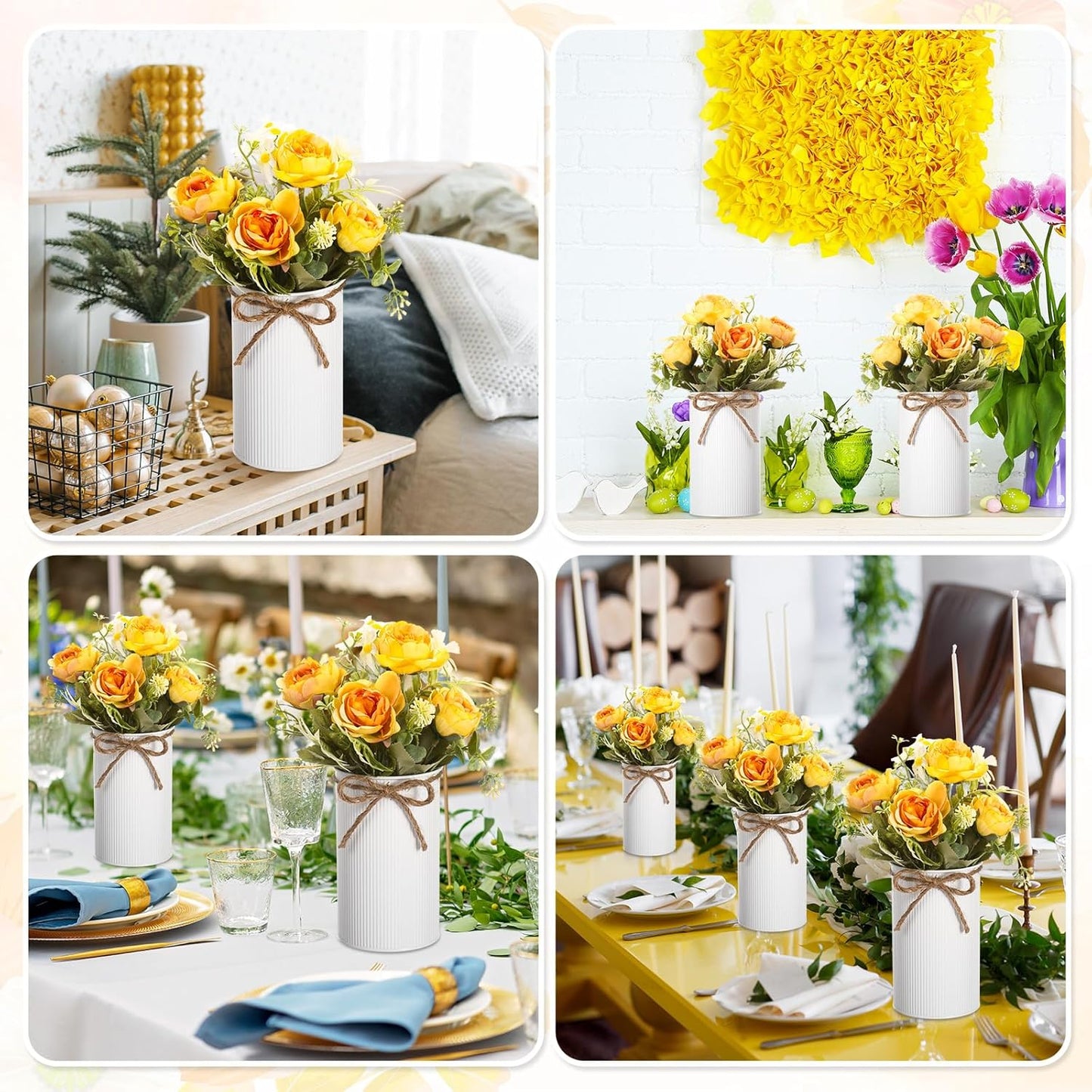 6 Sets Wedding Centerpiece for Table Decoration Yellow Artificial Fake Rose Flower with Metal Vase Faux Silk Rose Bouquet Floral Arrangement for Bridal Shower Home Dining