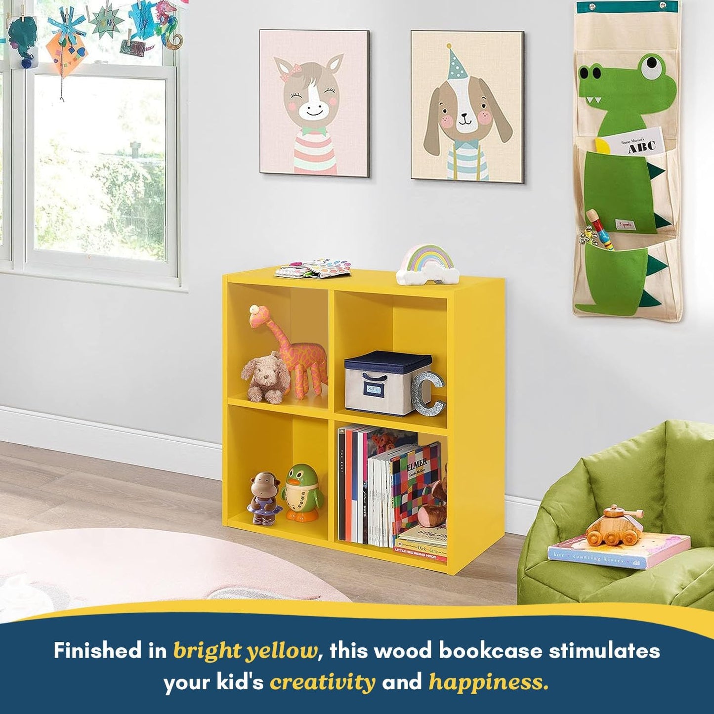 George 4-Cube Storage Organizer, 2-Tier Bookcase with Wood Shelves for Living Room, Bedroom, Nursery, or Home Office