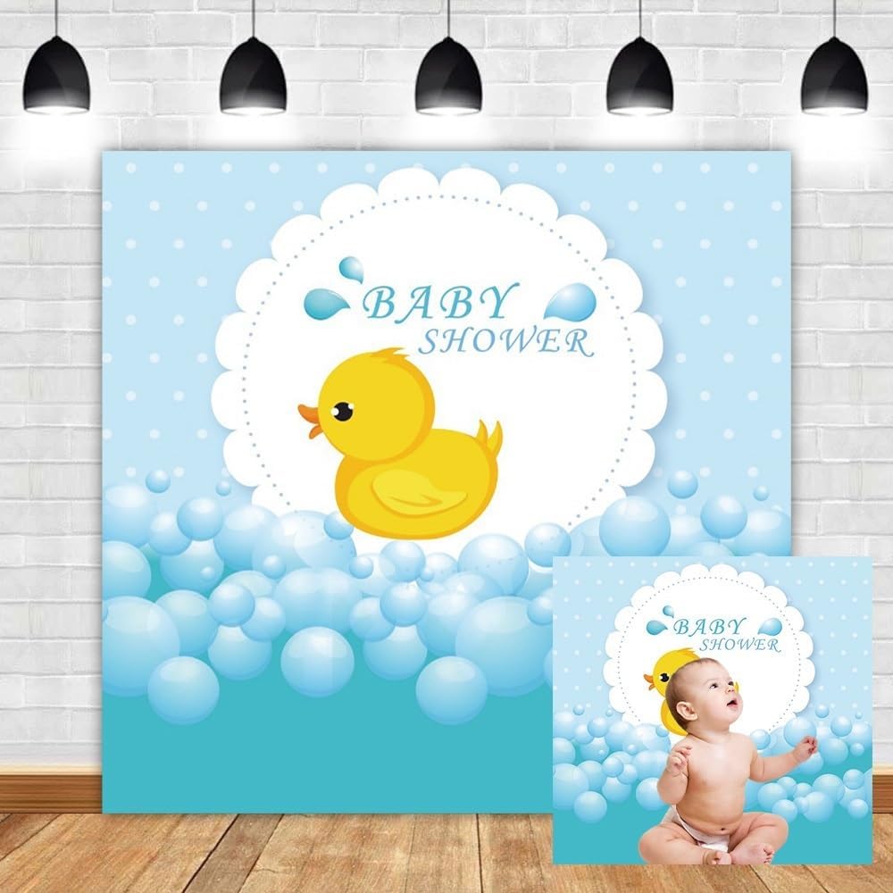 Baby Shower Backdrop 8x8ft Yellow Cute Bath Duck Rubber Duck Background Bubble Bath Water Drops Room Interior Decor Birth Celebration Wallpaper Duckling Swimming Photo Portrait Vinyl Props