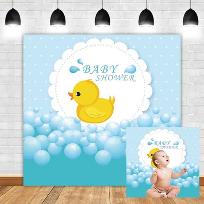 Baby Shower Backdrop 8x8ft Yellow Cute Bath Duck Rubber Duck Background Bubble Bath Water Drops Room Interior Decor Birth Celebration Wallpaper Duckling Swimming Photo Portrait Vinyl Props