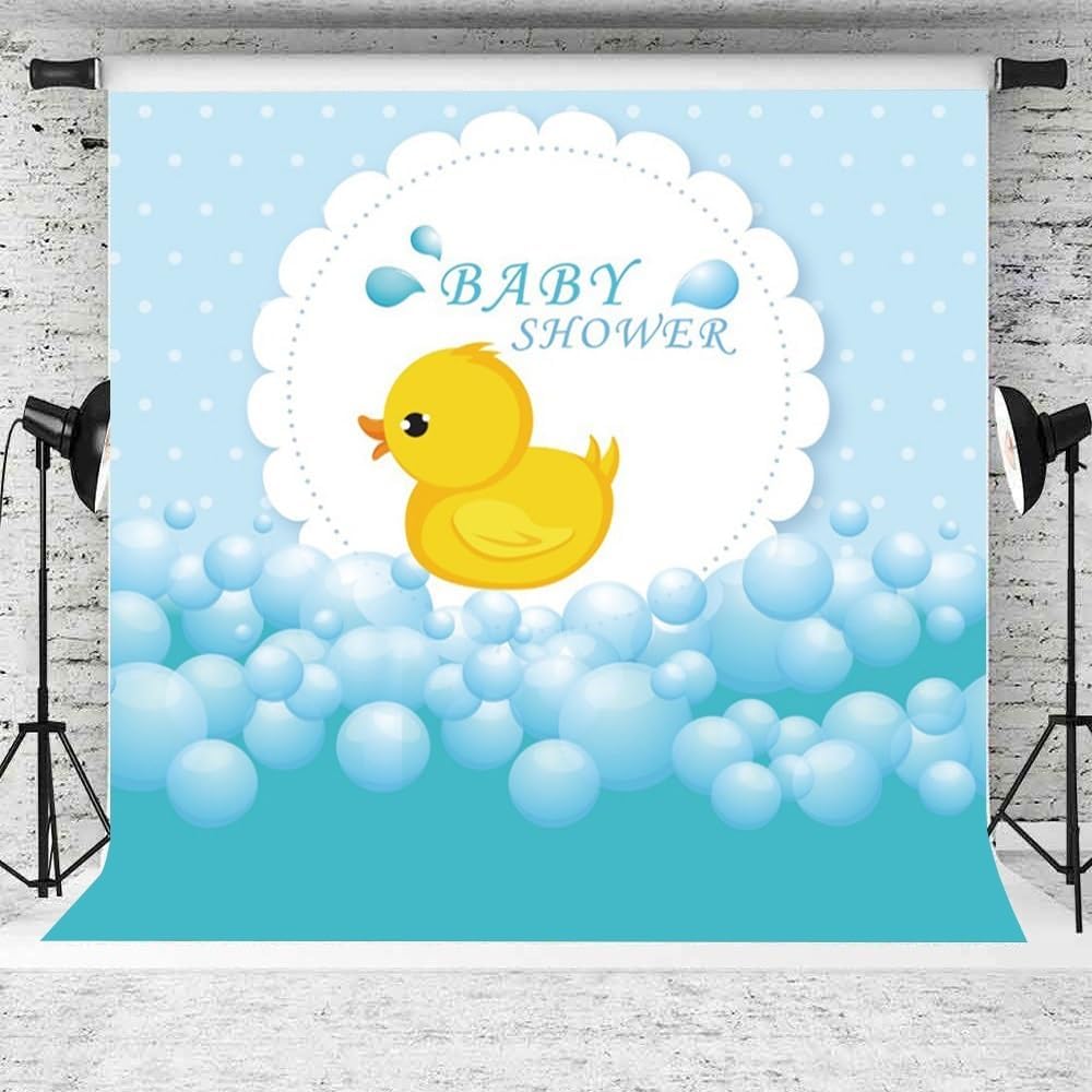 Baby Shower Backdrop 8x8ft Yellow Cute Bath Duck Rubber Duck Background Bubble Bath Water Drops Room Interior Decor Birth Celebration Wallpaper Duckling Swimming Photo Portrait Vinyl Props