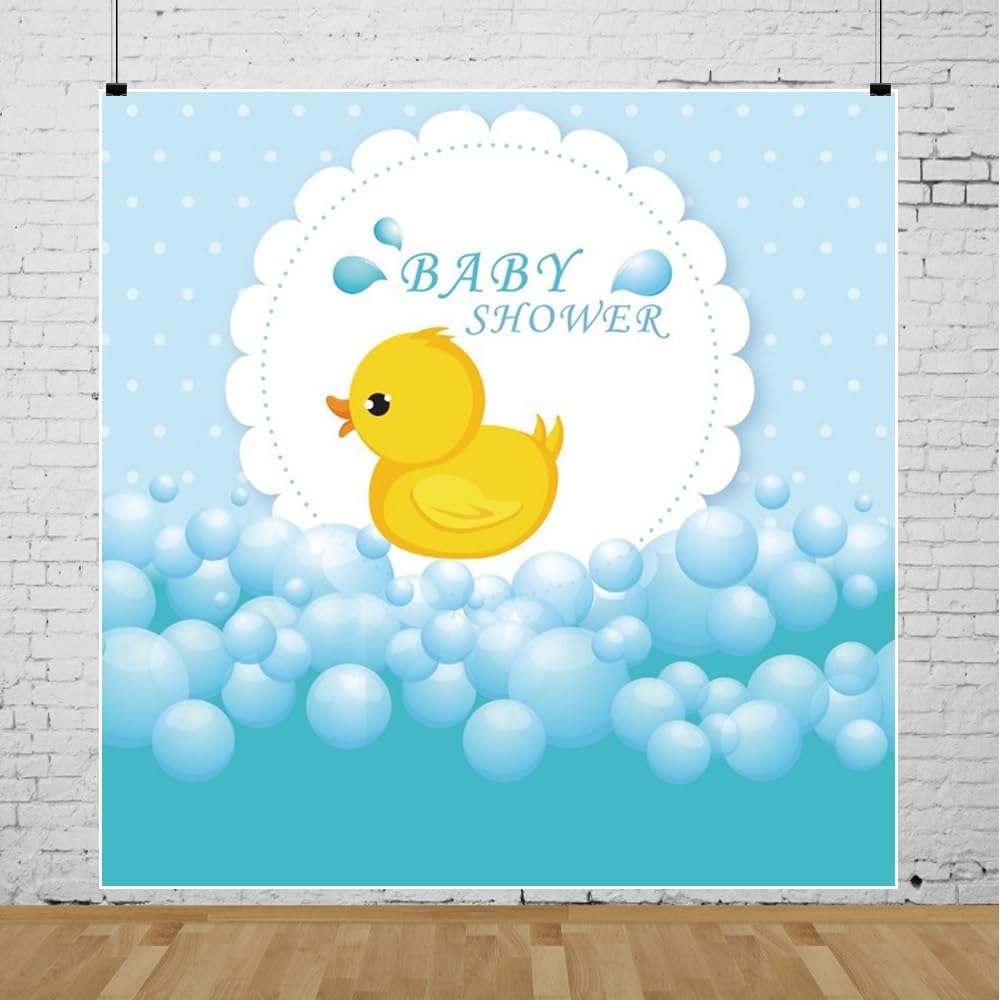 Baby Shower Backdrop 8x8ft Yellow Cute Bath Duck Rubber Duck Background Bubble Bath Water Drops Room Interior Decor Birth Celebration Wallpaper Duckling Swimming Photo Portrait Vinyl Props