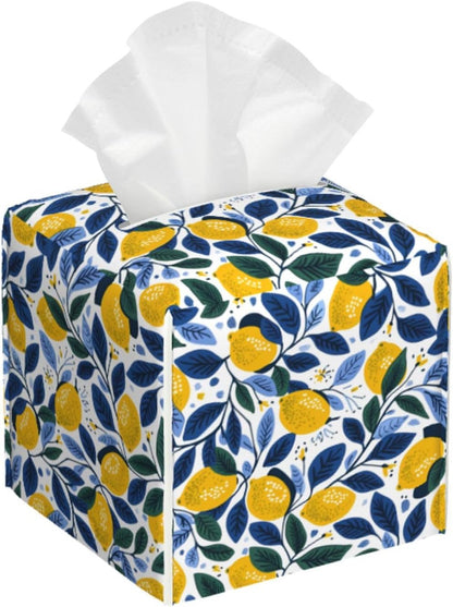 Tissue Box Cover Summer Lemon Leaves Square PU Leather Tissue Box Holder for Car Bathroom Bedroom Desk Tabletop Decor