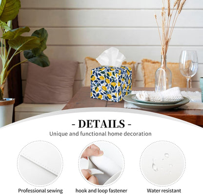 Tissue Box Cover Summer Lemon Leaves Square PU Leather Tissue Box Holder for Car Bathroom Bedroom Desk Tabletop Decor