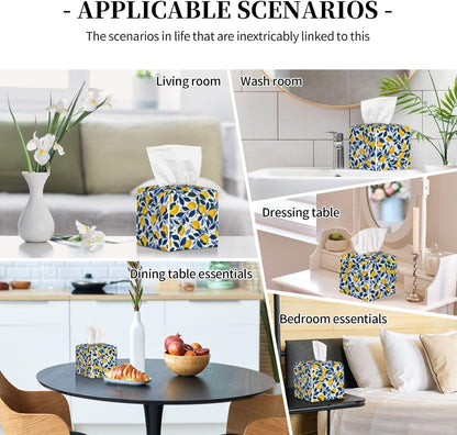 Tissue Box Cover Summer Lemon Leaves Square PU Leather Tissue Box Holder for Car Bathroom Bedroom Desk Tabletop Decor