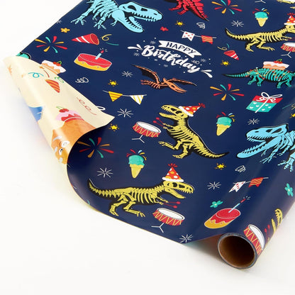 Dinosaur Wrapping Paper Roll, 16.4ft Dino Happy Birthday Gift Wrap | Reversible Dino Gift Packing Roll for Kids Boys, Birthday Baby Shower Decor Favor, Dinosaur Party Favors