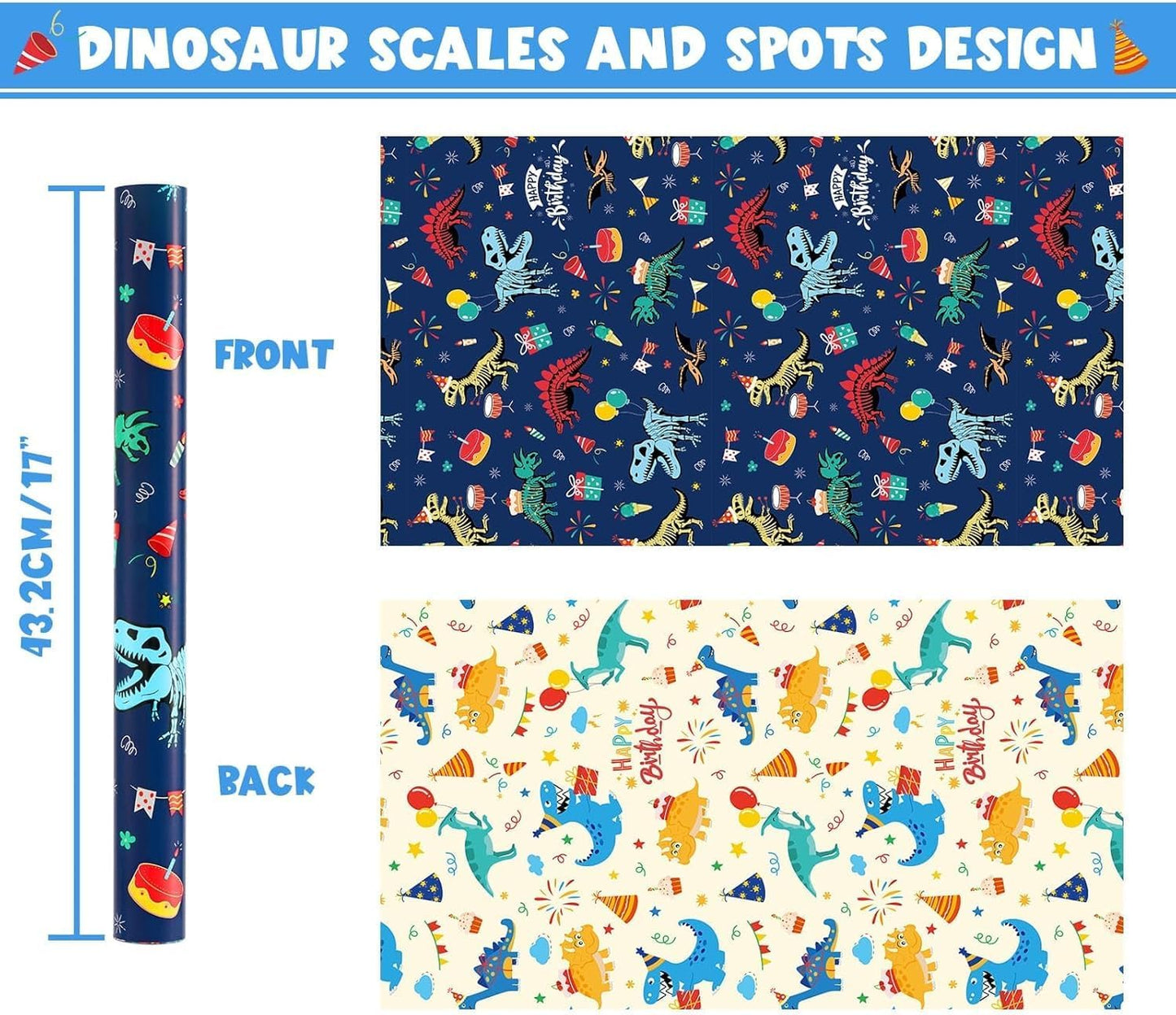 Dinosaur Wrapping Paper Roll, 16.4ft Dino Happy Birthday Gift Wrap | Reversible Dino Gift Packing Roll for Kids Boys, Birthday Baby Shower Decor Favor, Dinosaur Party Favors
