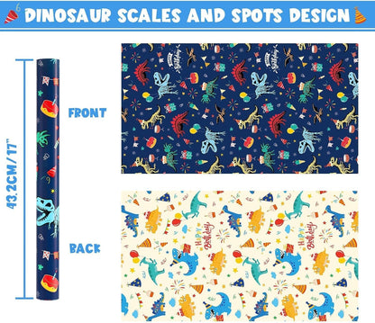 Dinosaur Wrapping Paper Roll, 16.4ft Dino Happy Birthday Gift Wrap | Reversible Dino Gift Packing Roll for Kids Boys, Birthday Baby Shower Decor Favor, Dinosaur Party Favors