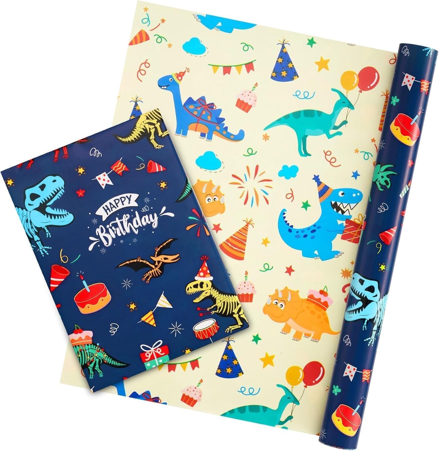 Dinosaur Wrapping Paper Roll, 16.4ft Dino Happy Birthday Gift Wrap | Reversible Dino Gift Packing Roll for Kids Boys, Birthday Baby Shower Decor Favor, Dinosaur Party Favors
