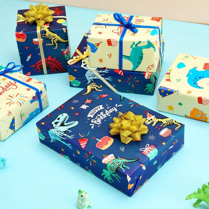 Dinosaur Wrapping Paper Roll, 16.4ft Dino Happy Birthday Gift Wrap | Reversible Dino Gift Packing Roll for Kids Boys, Birthday Baby Shower Decor Favor, Dinosaur Party Favors