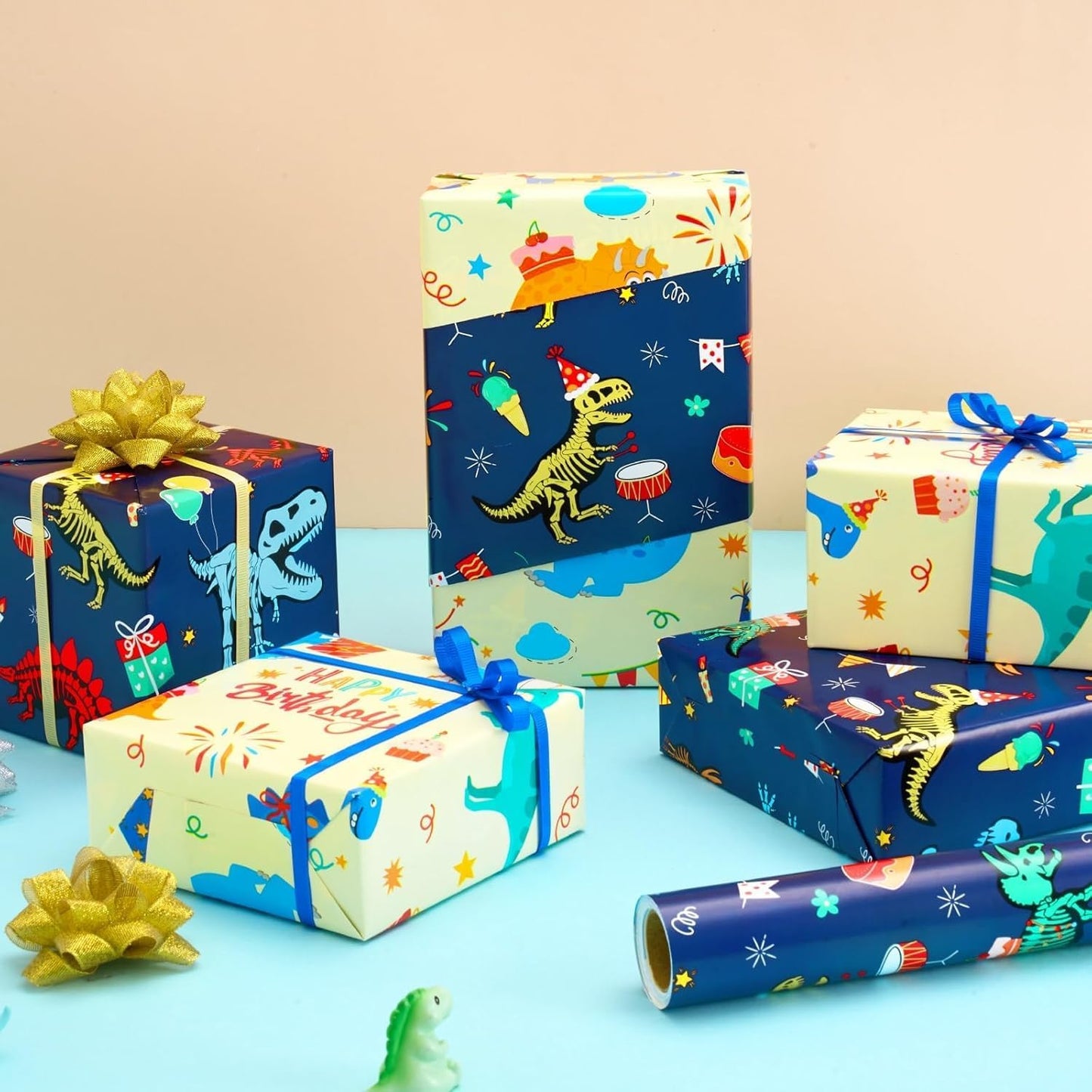Dinosaur Wrapping Paper Roll, 16.4ft Dino Happy Birthday Gift Wrap | Reversible Dino Gift Packing Roll for Kids Boys, Birthday Baby Shower Decor Favor, Dinosaur Party Favors