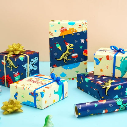 Dinosaur Wrapping Paper Roll, 16.4ft Dino Happy Birthday Gift Wrap | Reversible Dino Gift Packing Roll for Kids Boys, Birthday Baby Shower Decor Favor, Dinosaur Party Favors