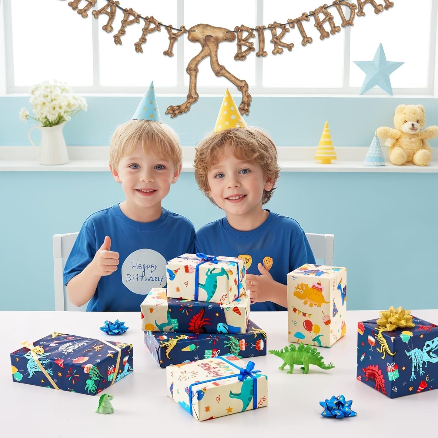 Dinosaur Wrapping Paper Roll, 16.4ft Dino Happy Birthday Gift Wrap | Reversible Dino Gift Packing Roll for Kids Boys, Birthday Baby Shower Decor Favor, Dinosaur Party Favors