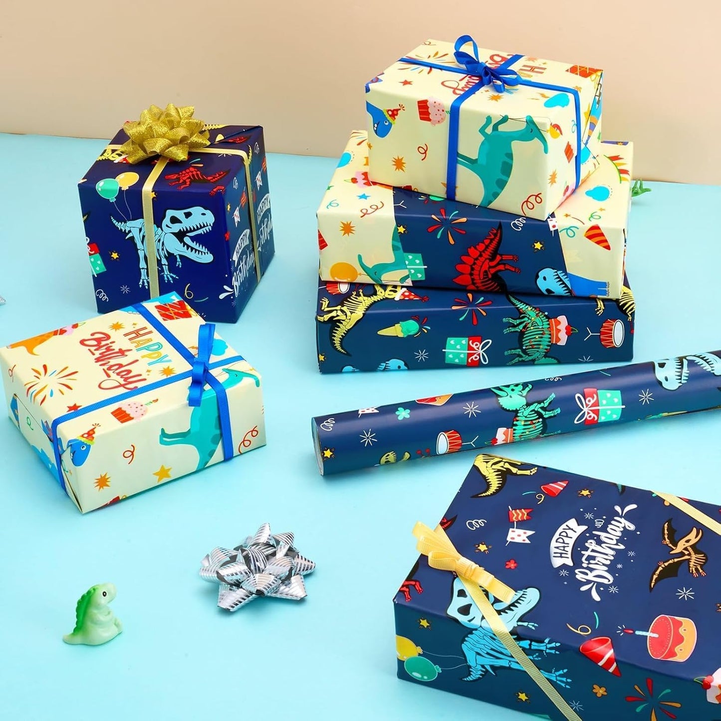 Dinosaur Wrapping Paper Roll, 16.4ft Dino Happy Birthday Gift Wrap | Reversible Dino Gift Packing Roll for Kids Boys, Birthday Baby Shower Decor Favor, Dinosaur Party Favors