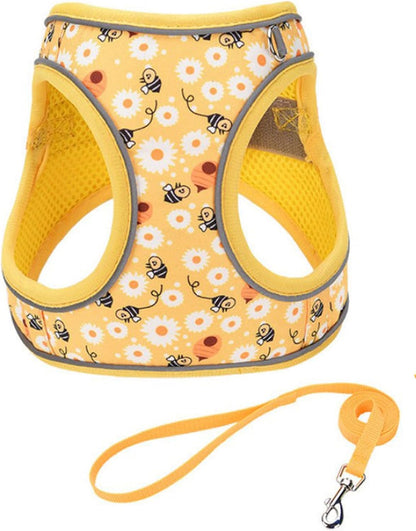 XXS Yellow Flower Pattern Dog Harness and Leash Set,No Escape Harnesses for Training Walking，Breathable Adjustable Puppy Vest for Small Medium Dogs, Cats (Yellow, XXS)