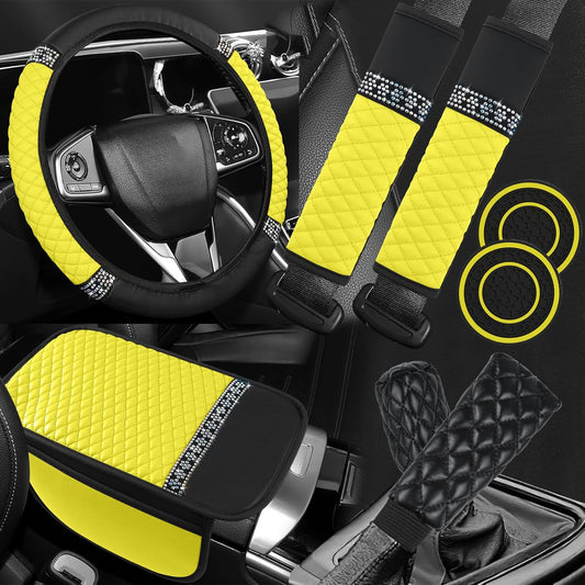 8PCS Car Accessories Set, Bling Leather Car Steering Wheel Cover with Armrest Pad, Seat Belt Cover Pads, Cup Holder Coasters, Gear Shift & Handbrake Covers, Auto Interior Accessories (Yellow)