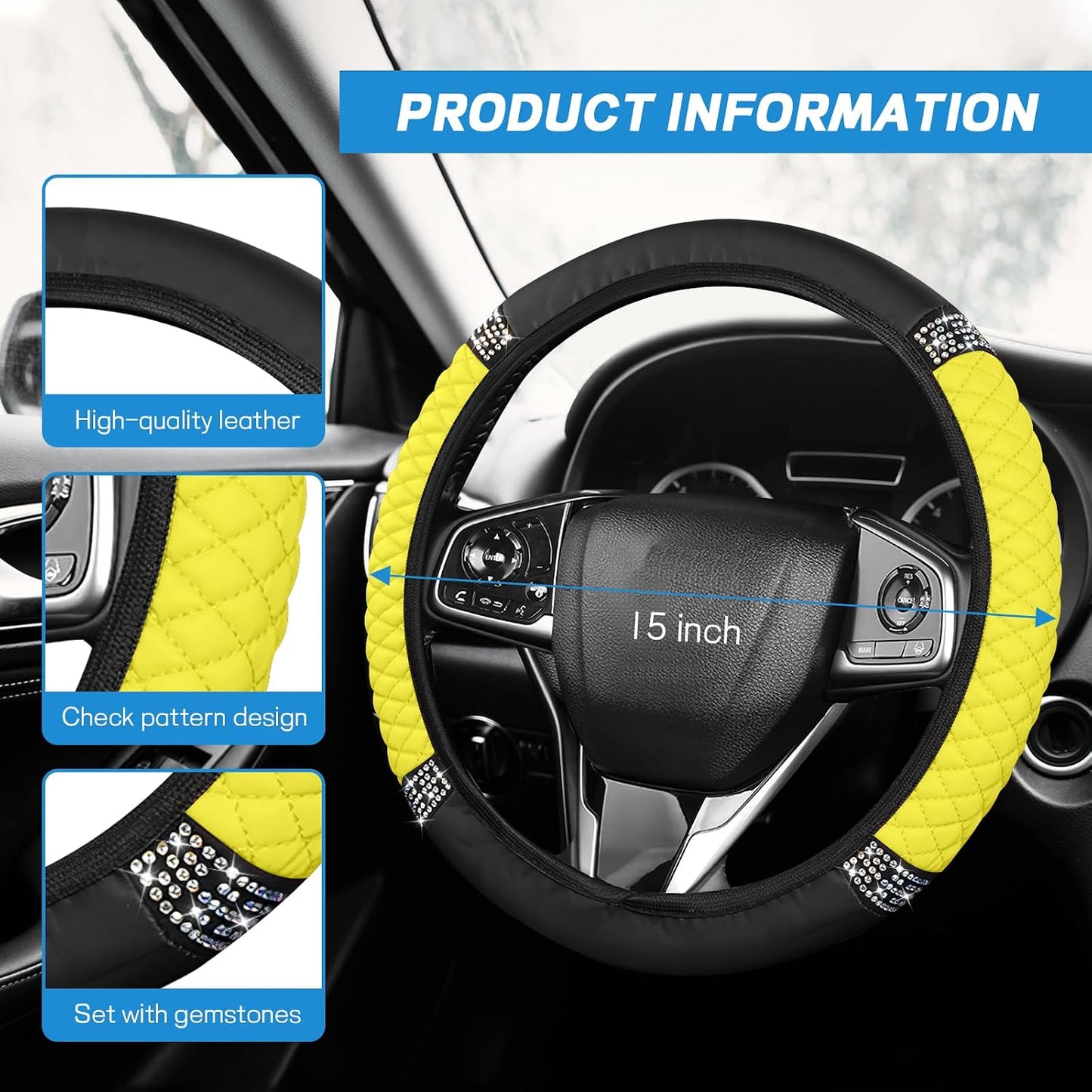 8PCS Car Accessories Set, Bling Leather Car Steering Wheel Cover with Armrest Pad, Seat Belt Cover Pads, Cup Holder Coasters, Gear Shift & Handbrake Covers, Auto Interior Accessories (Yellow)