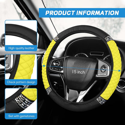 8PCS Car Accessories Set, Bling Leather Car Steering Wheel Cover with Armrest Pad, Seat Belt Cover Pads, Cup Holder Coasters, Gear Shift & Handbrake Covers, Auto Interior Accessories (Yellow)