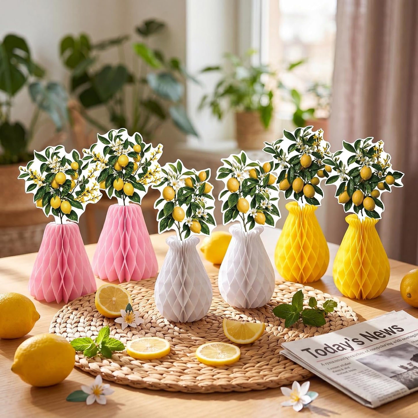 9Pcs Summer Lemon Party Decorations Honeycomb Centerpieces Set | Pink and Yellow,Honeycomb Centerpieces For Table,Decor for Lemonade Stand, Amalfi Coast,Italian Birthday,Baby Shower,Wedding