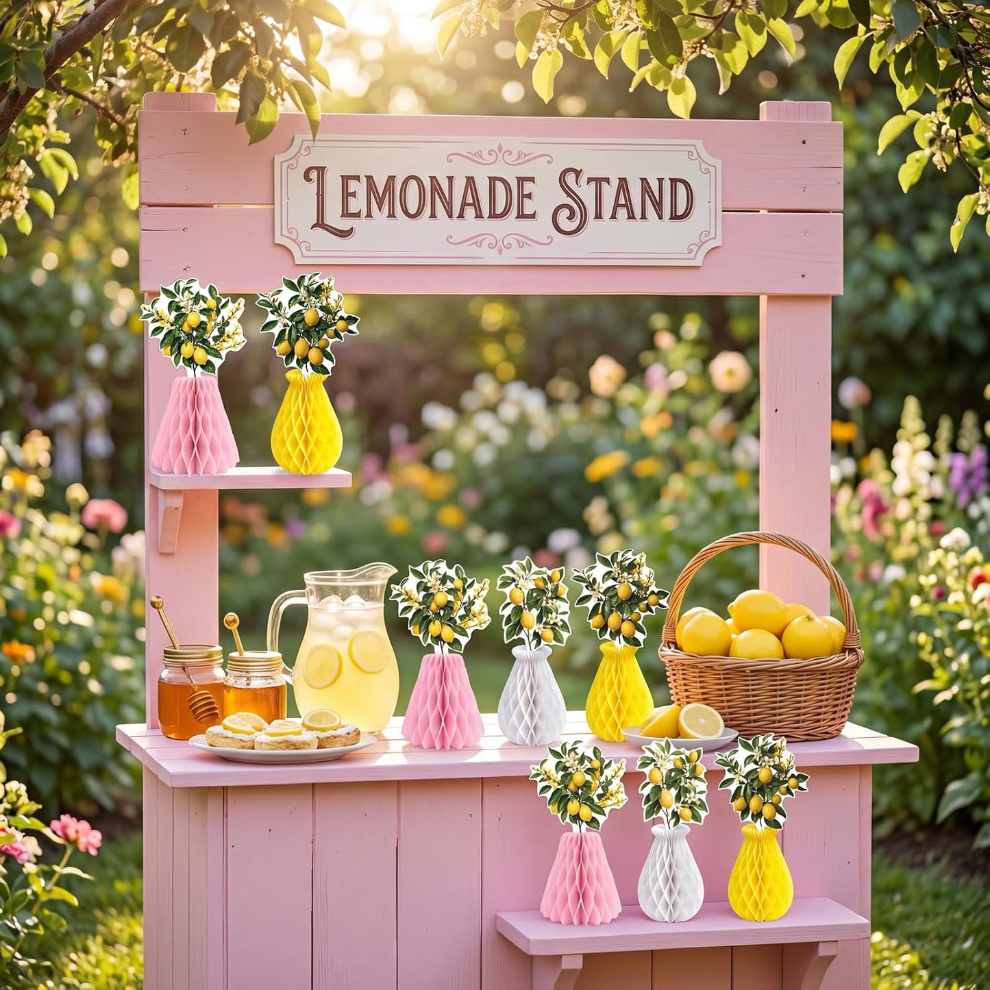 9Pcs Summer Lemon Party Decorations Honeycomb Centerpieces Set | Pink and Yellow,Honeycomb Centerpieces For Table,Decor for Lemonade Stand, Amalfi Coast,Italian Birthday,Baby Shower,Wedding